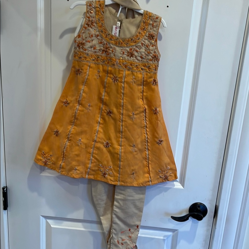 Indian Orange and Beige Embroidered and bead Dress with Pants